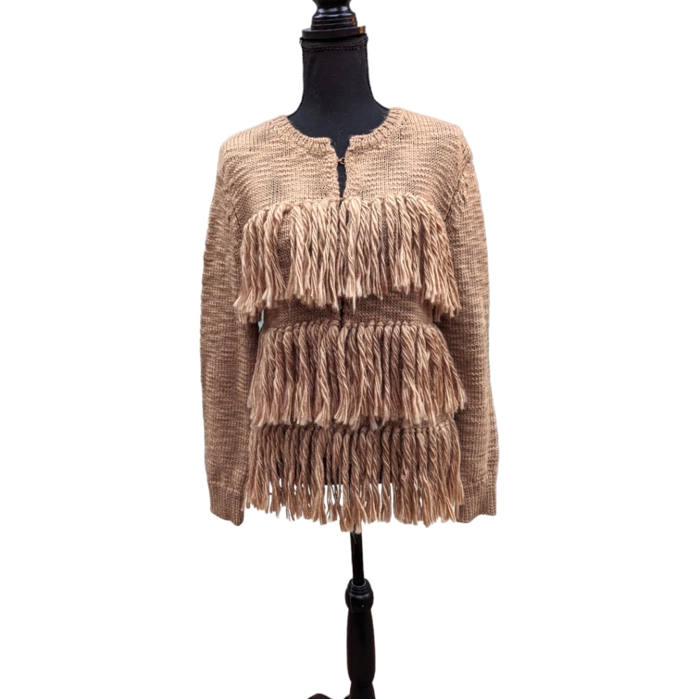 TRINA TURK brown wool Alexandria fringe cardigan sweater S/M